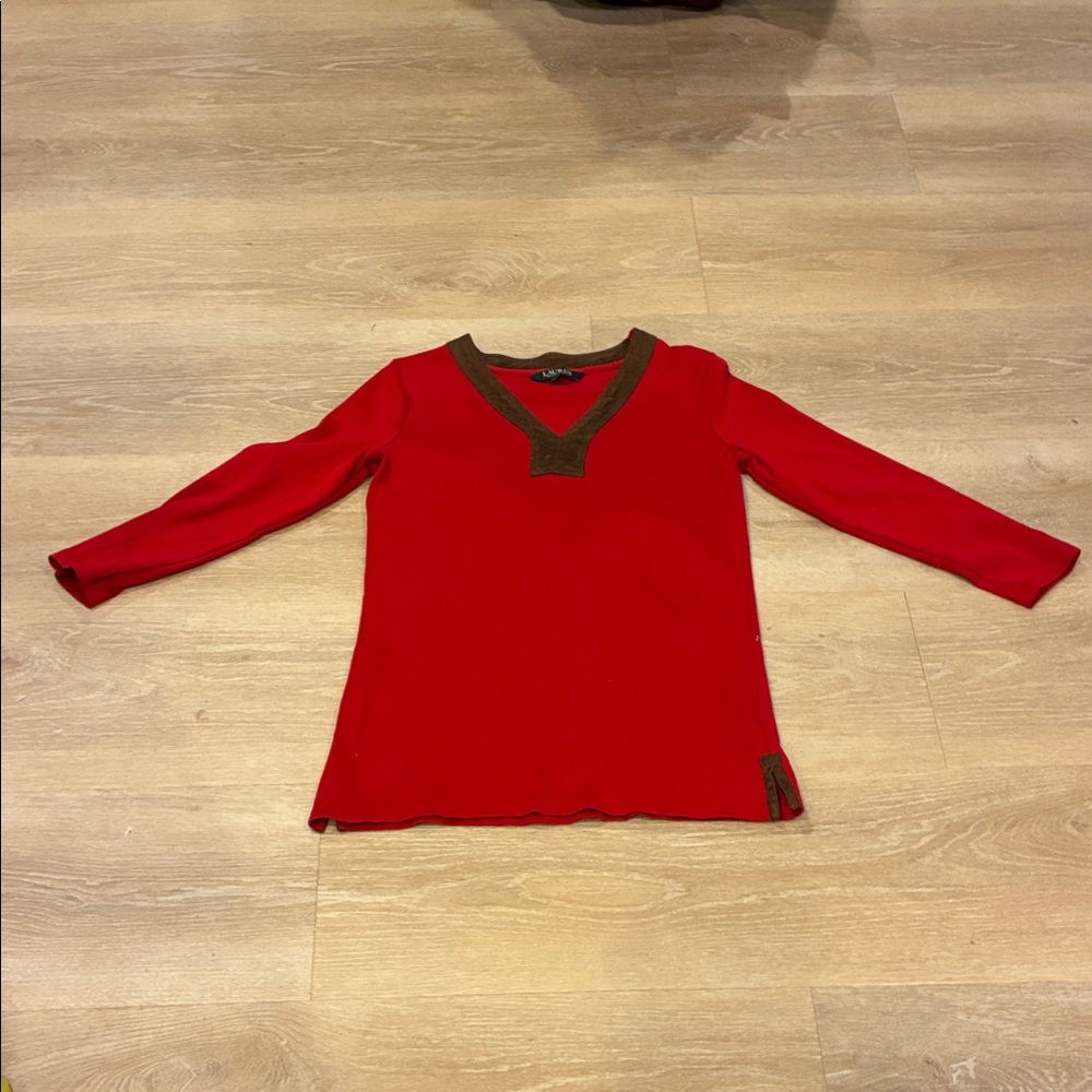 VTG Ralph Lauren Vibrant Red Brown V Neck Collar Sz. S Boho Lagenlook Cotton
